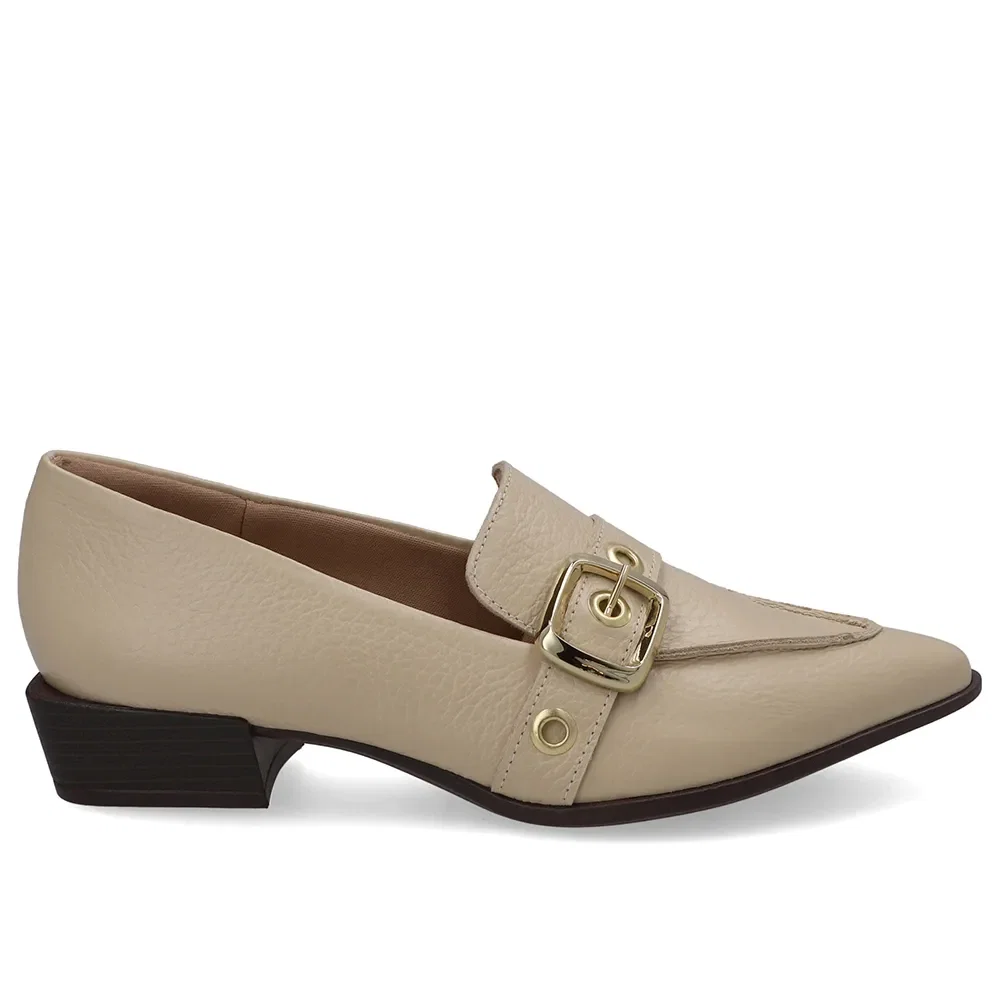 Loafer Couro Bege Bico Fino Tira Ilhós