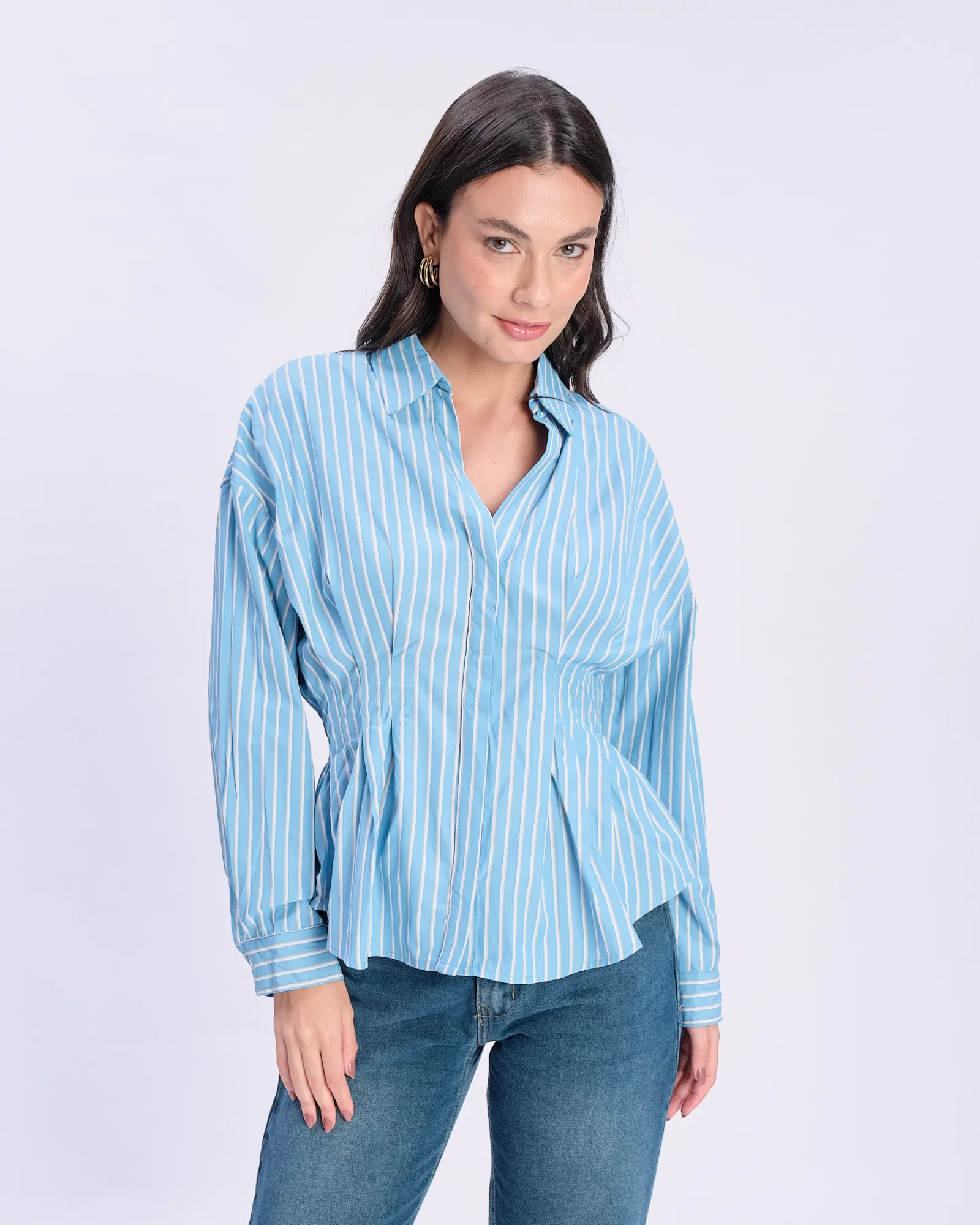 Camisa Manga Longa Listrada Pregas - Azul C/ Amarelo — imagem 1