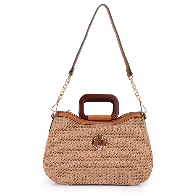 Bolsa Satchel Grande Palha Estruturada Com Alça De Madeira