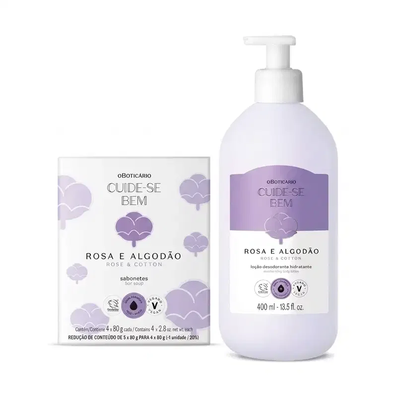 Combo Cuide-se bem Rosa e Algodão: Sabonete em Barra 5x80g + Loção Corporal 400ml