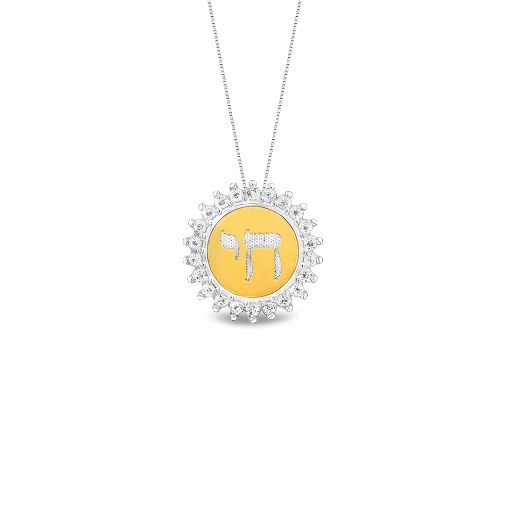 Pingente Medalha Chai em Prata 925 e Ouro Amarelo 18k com Topázios Incolores, 15.4mm