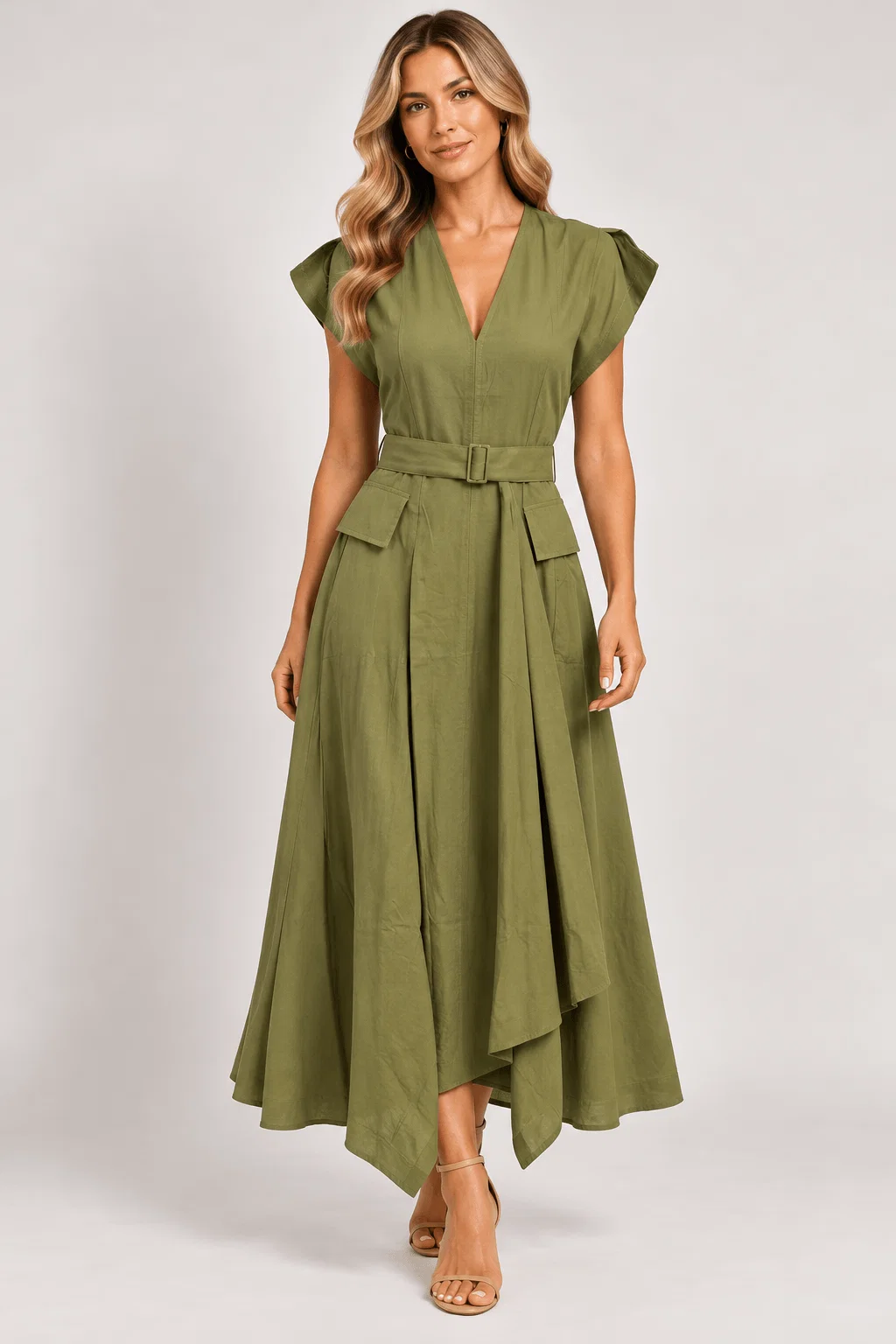 Vestido Midi Decote v Cinto Faixa - Verde