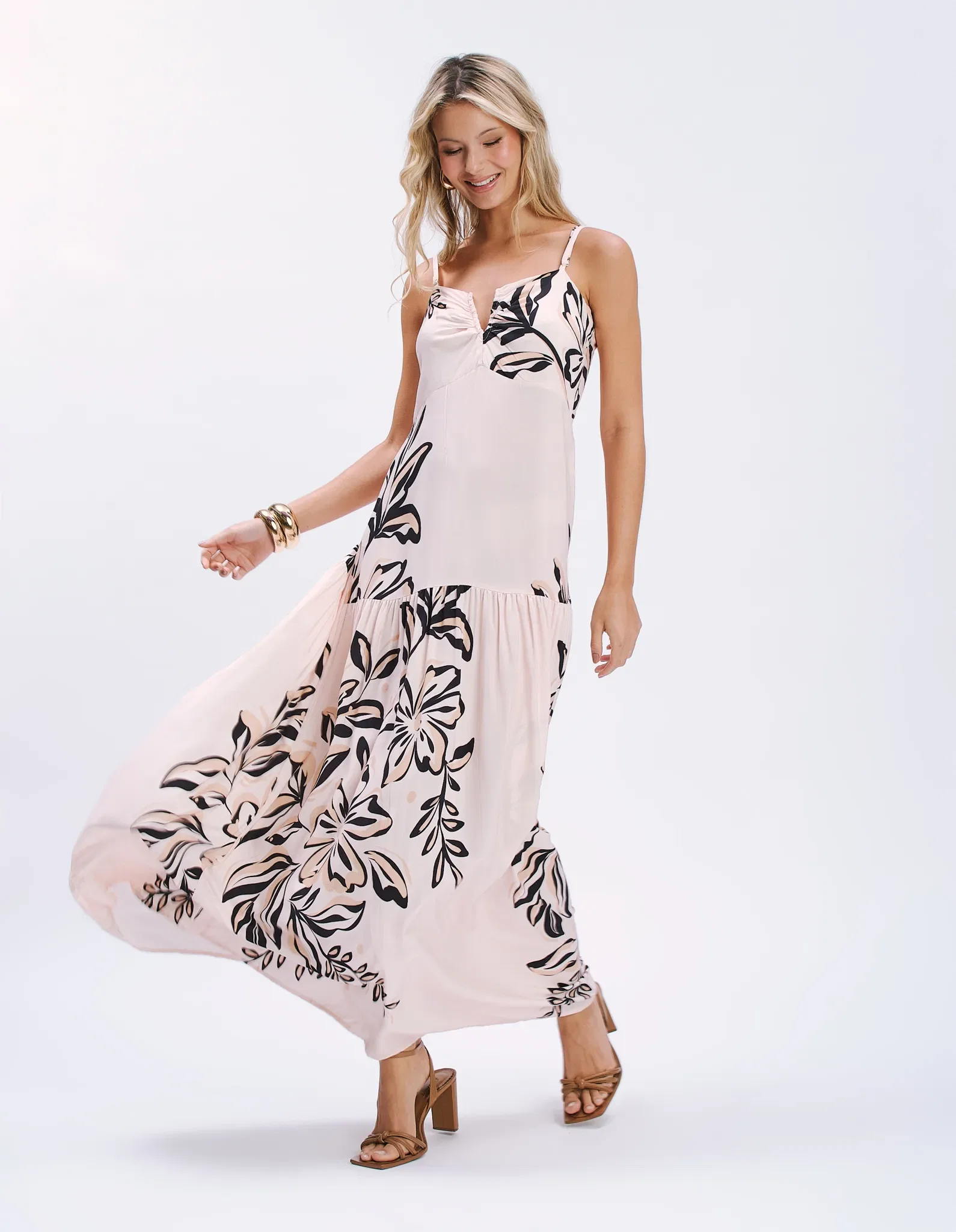 Vestido Alça Fina Estamp Flor Localizado - Areia