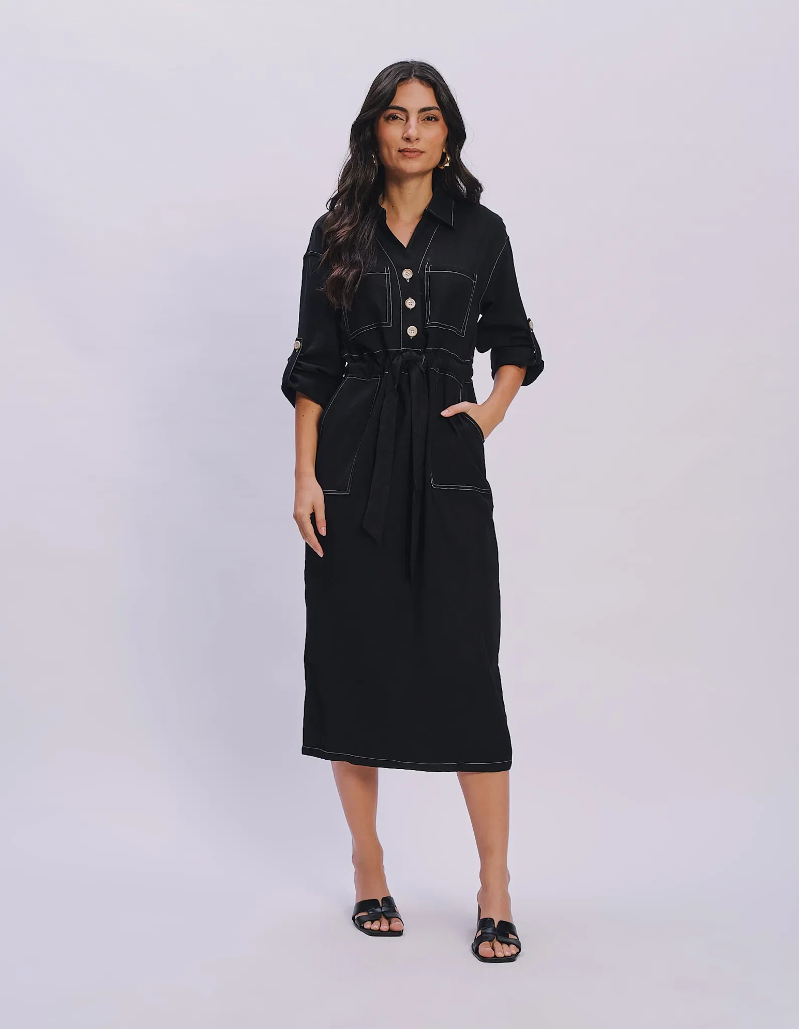 Vestido New Longo Pespontos Contrastante - Preto