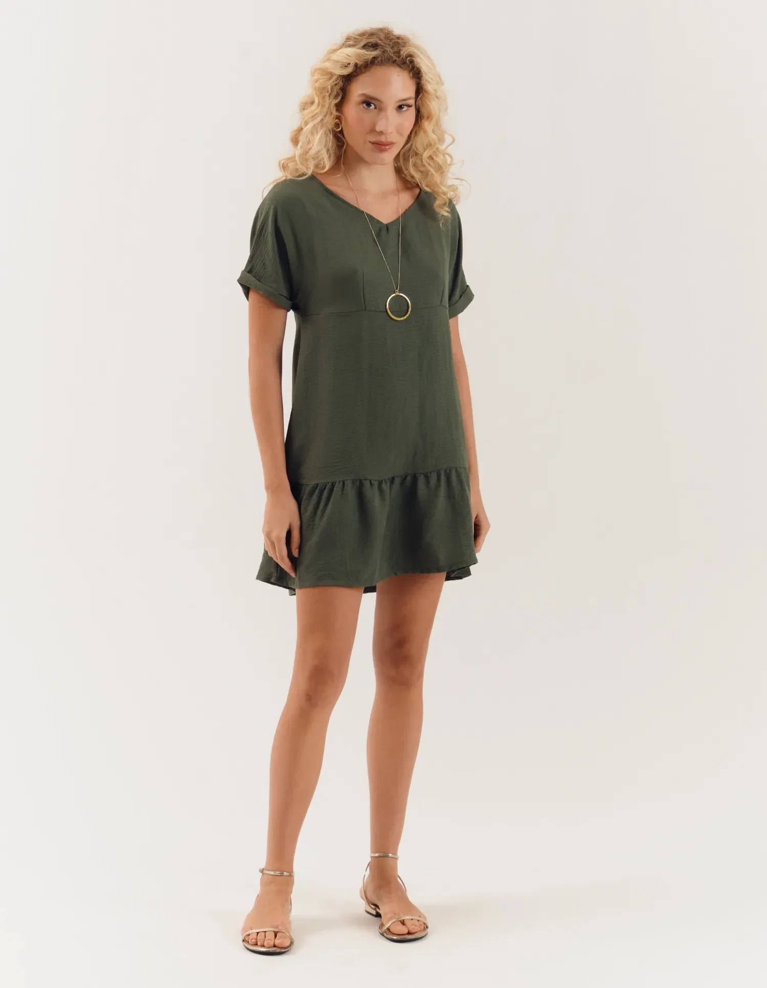 Vestido Curto Marias Com Pregas - Verde Militar — imagem 1