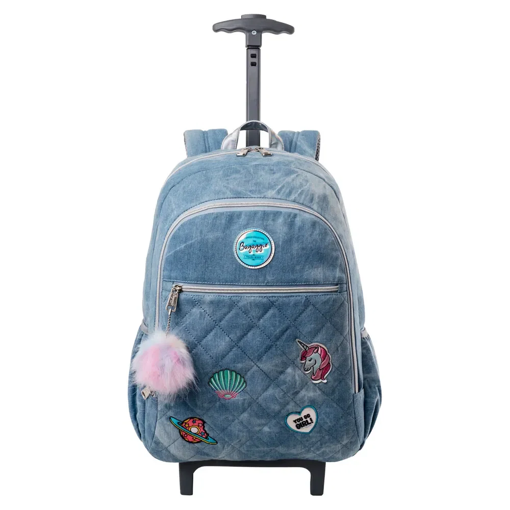 Mochila Escolar Feminina Jeans Patches com Rodinha Azul — imagem 1