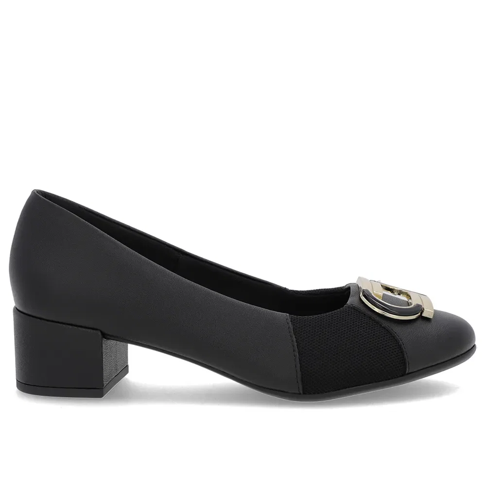 Scarpin Preto Couro Lateral Tecido