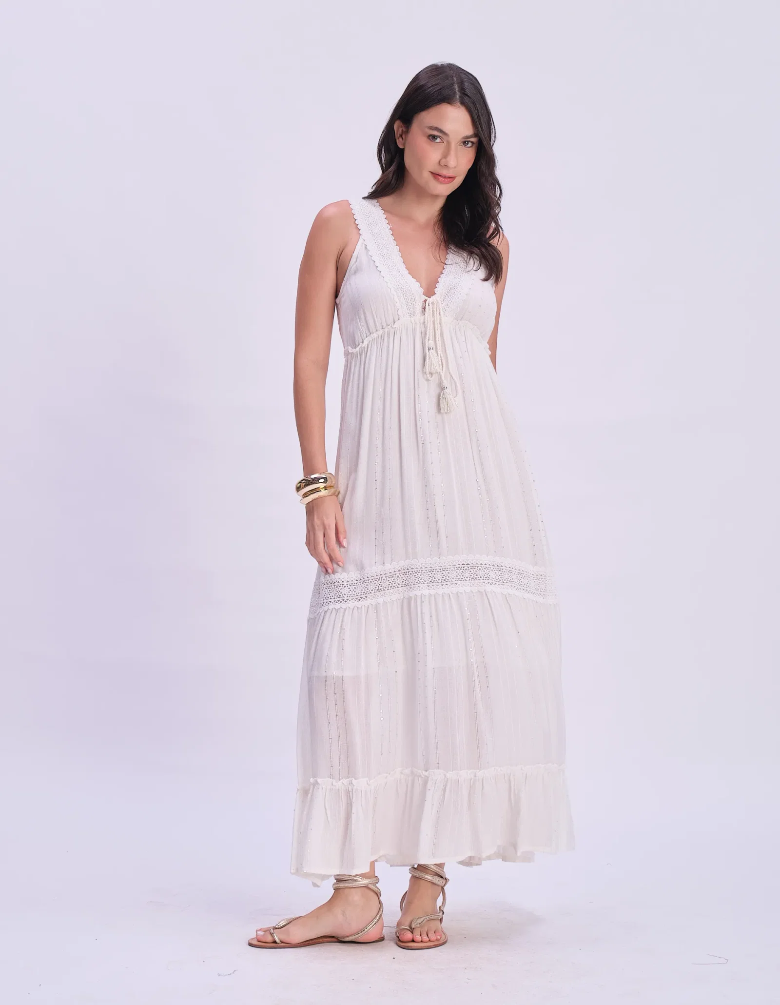 Vestido Longo Detalhe Renda e Tassel - Off White — imagem 1