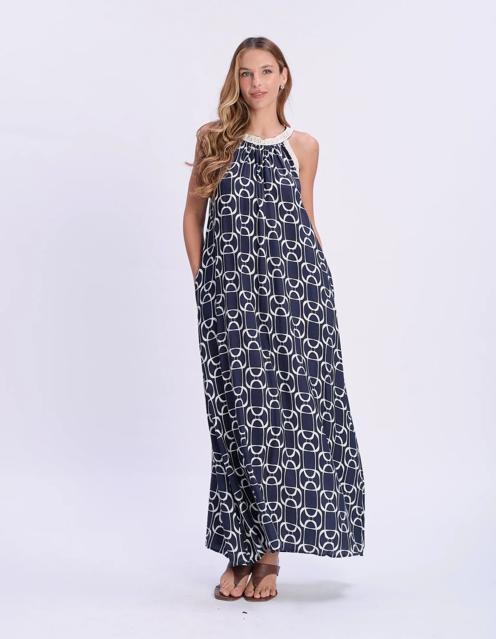 Vestido Longo Estampado Geométrico - Azul Marinho — imagem 1