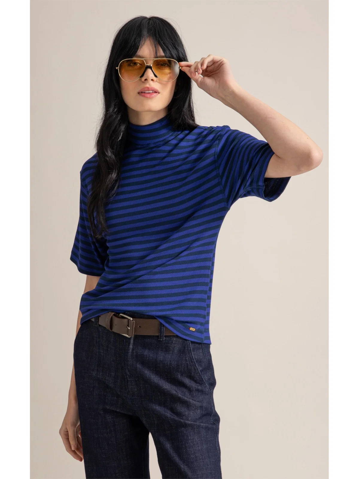 Blusa Aurora Gola Alta Listrada Mc Dark Navy