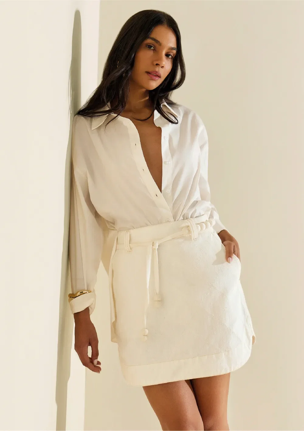 Saia Morena Rosa Reta Alta Curta Off White