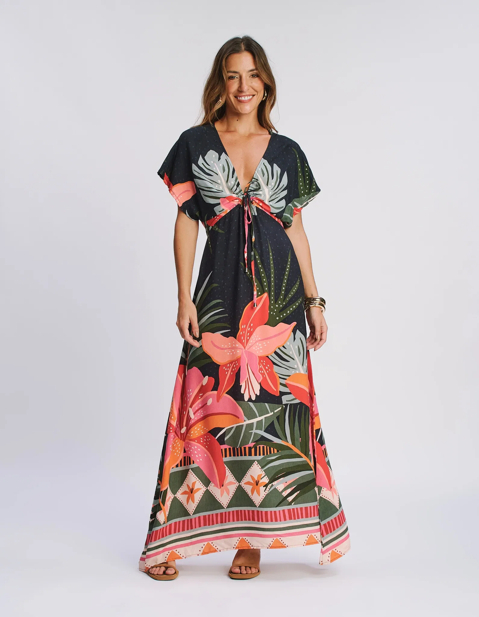 Vestido Longo Estampado Lirio Barrado - Preto — imagem 1