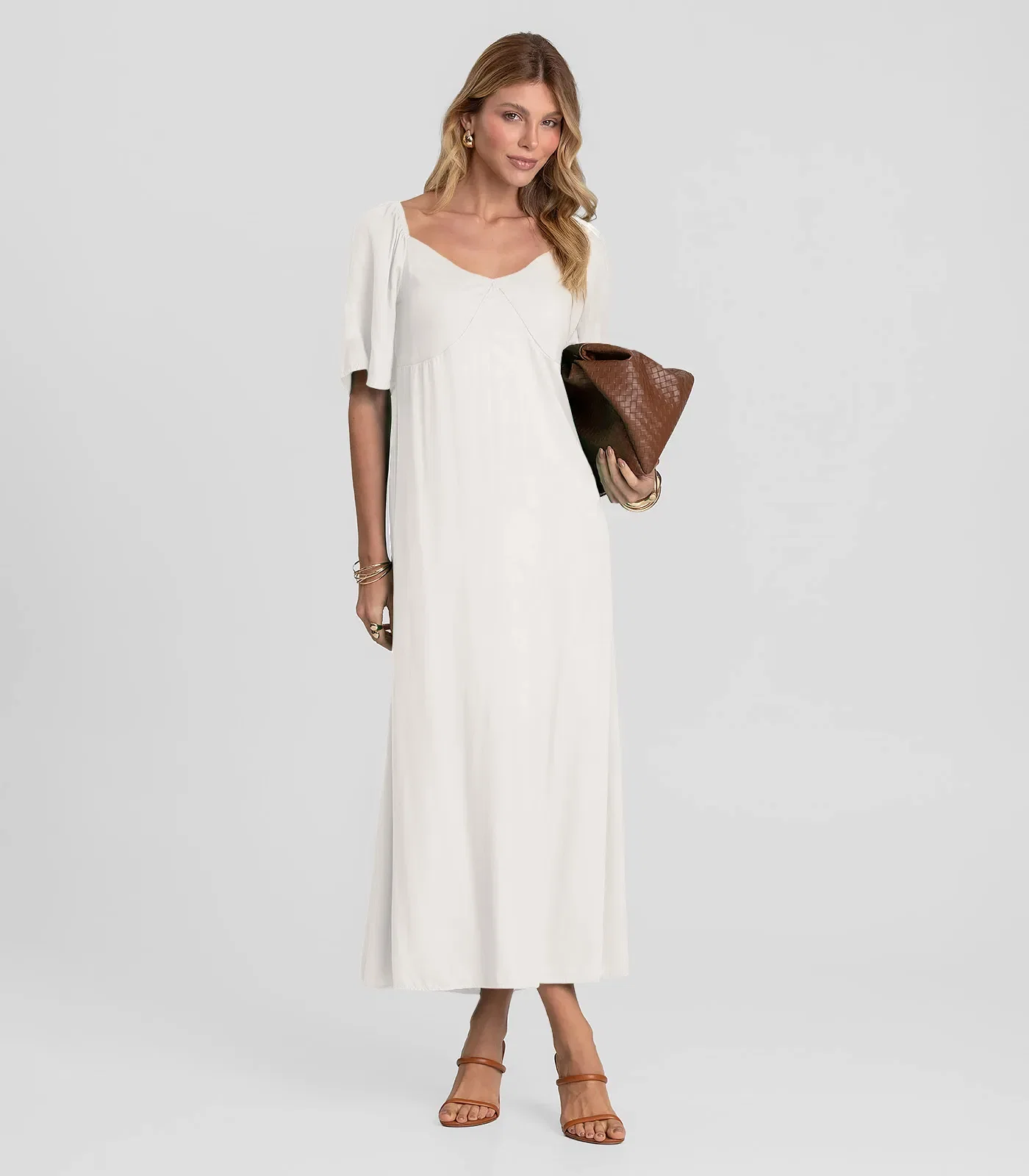 Vestido Midi Em Viscose Com Manga Curta Dianna Bege — imagem 1