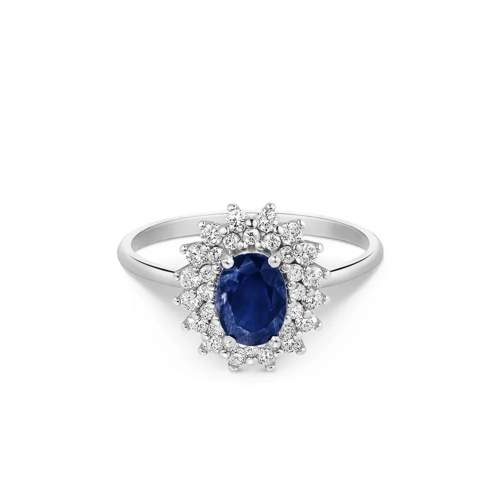 Anel Clássico em Ouro Branco 18k com Safira Azul e Diamantes — imagem 1
