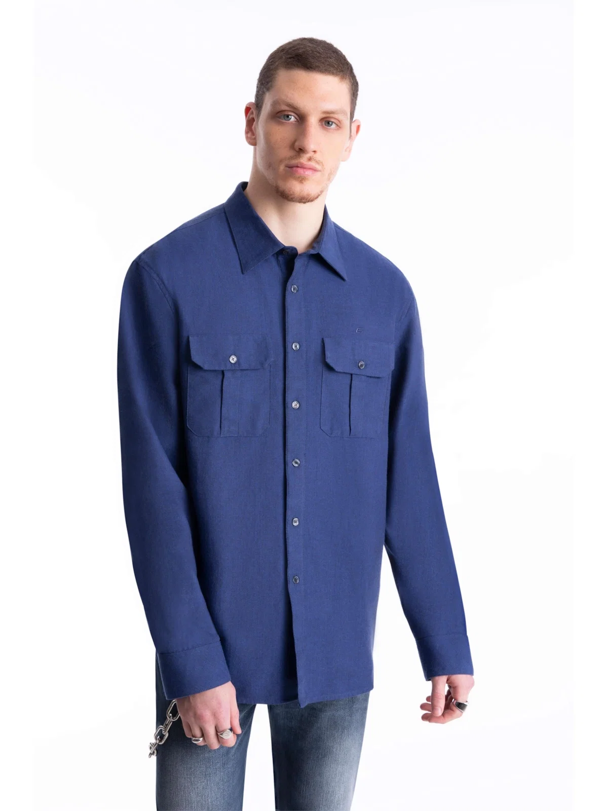 Camisa Wool Touch Chevron Over Dark Navy