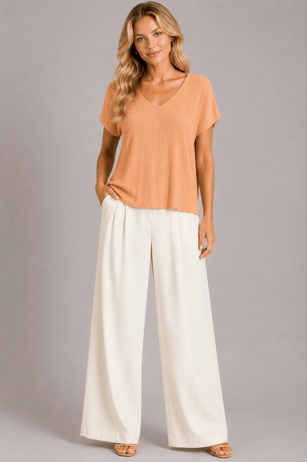 Blusa Tricot Manga Curta Decote v - Pessego — imagem 1