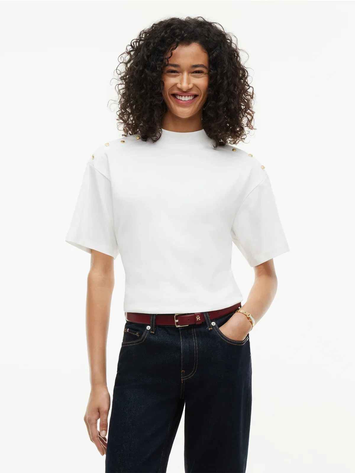 Camiseta Gola Alta com Botões Dourados — imagem 1
