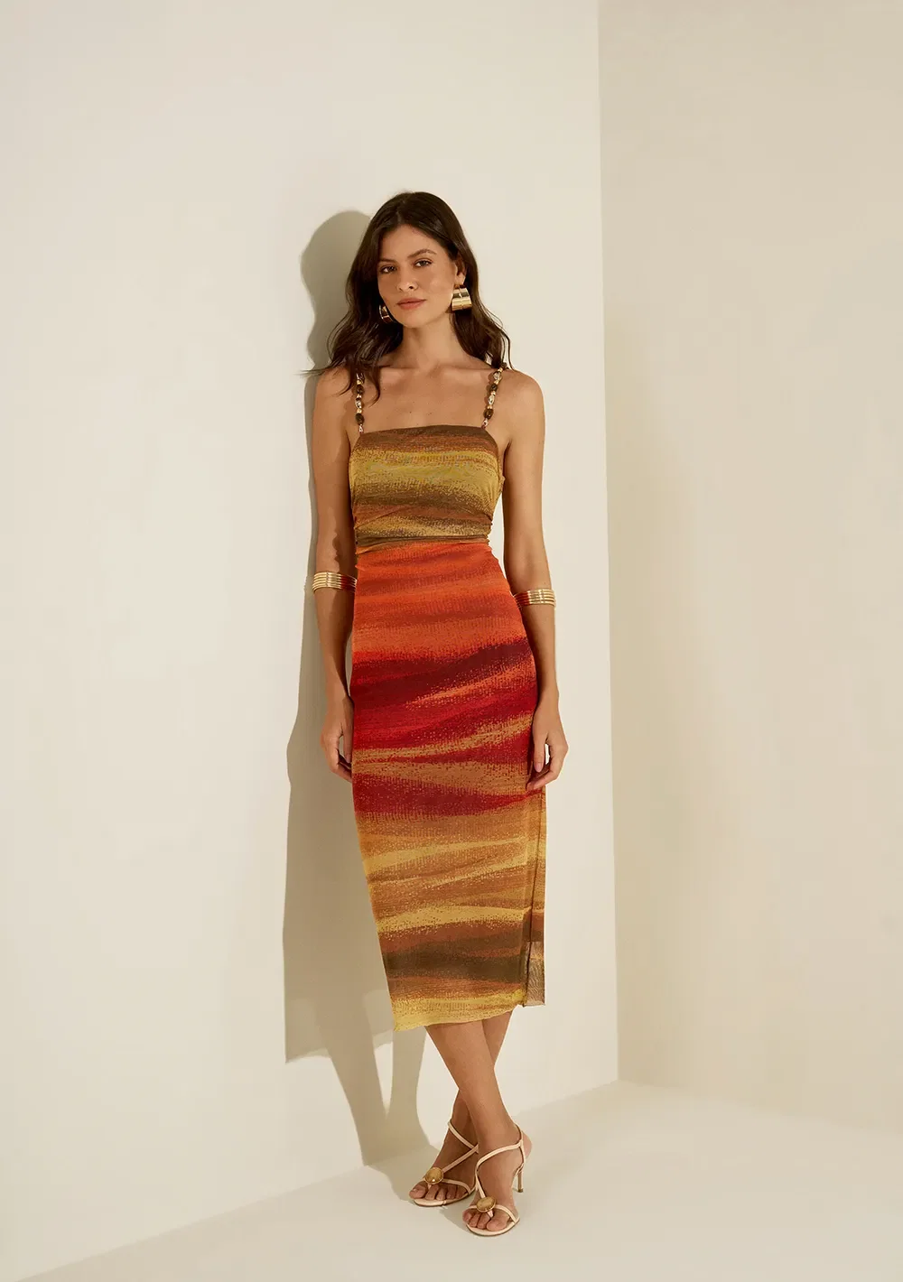 Vestido Morena Rosa Ajustado Decote Reto Com Alça Midi Laranja / Amarelo
