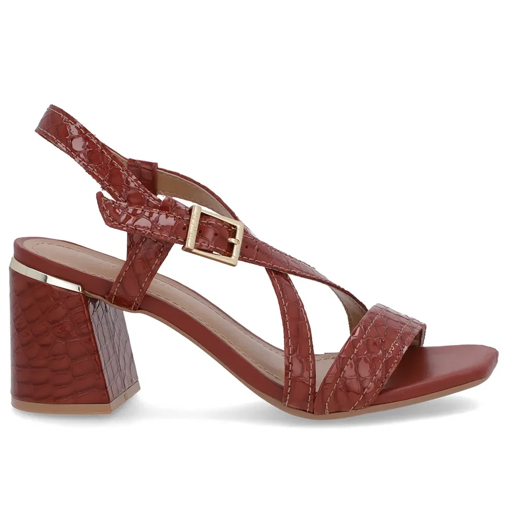 Sandália Salto Quadrado Couro Croco Marrom Fivela — imagem 1