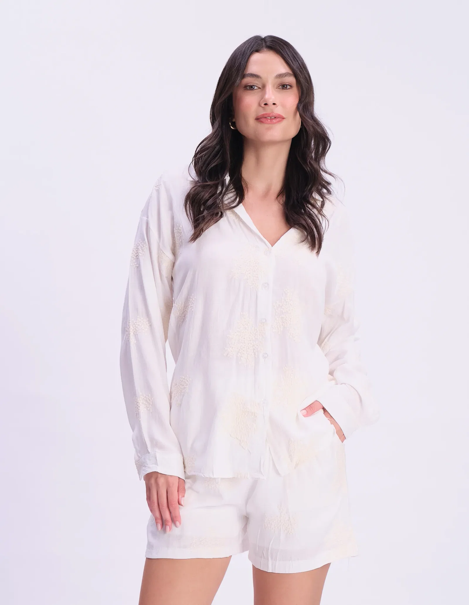 Short Cós Elástico Bordado Floral - Branco — imagem 1