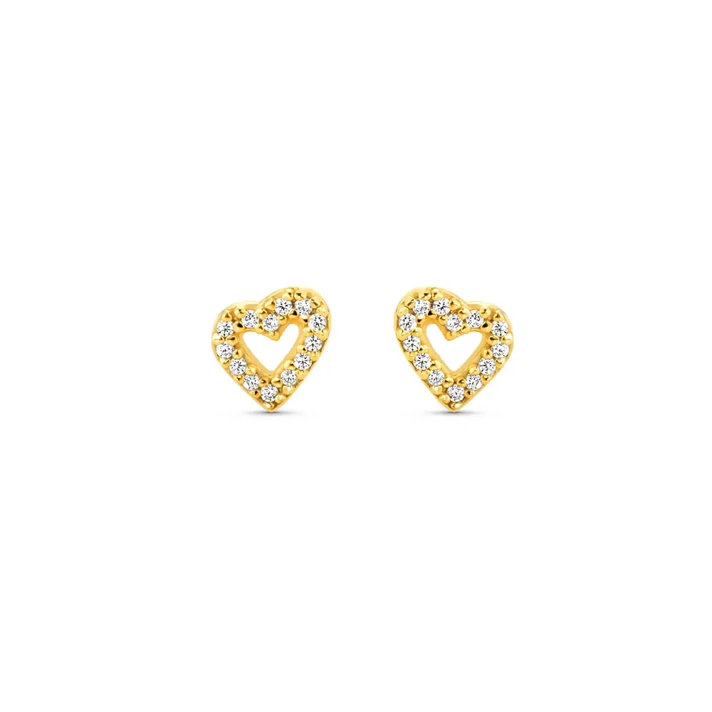 Brinco Life Love Coração em Prata 925 com Banho Ouro Amarelo 18k Cravejado
