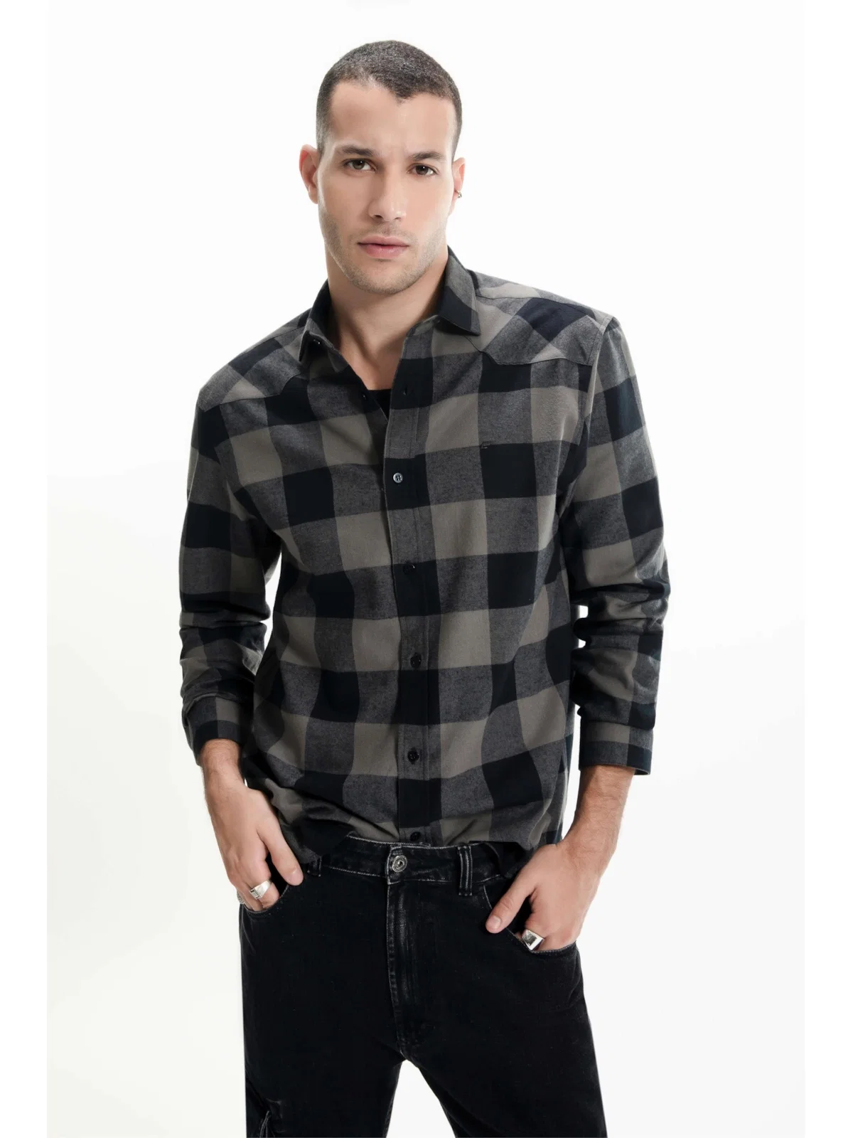 Camisa Wool Touch Xadrez Genebra Slim Grafite