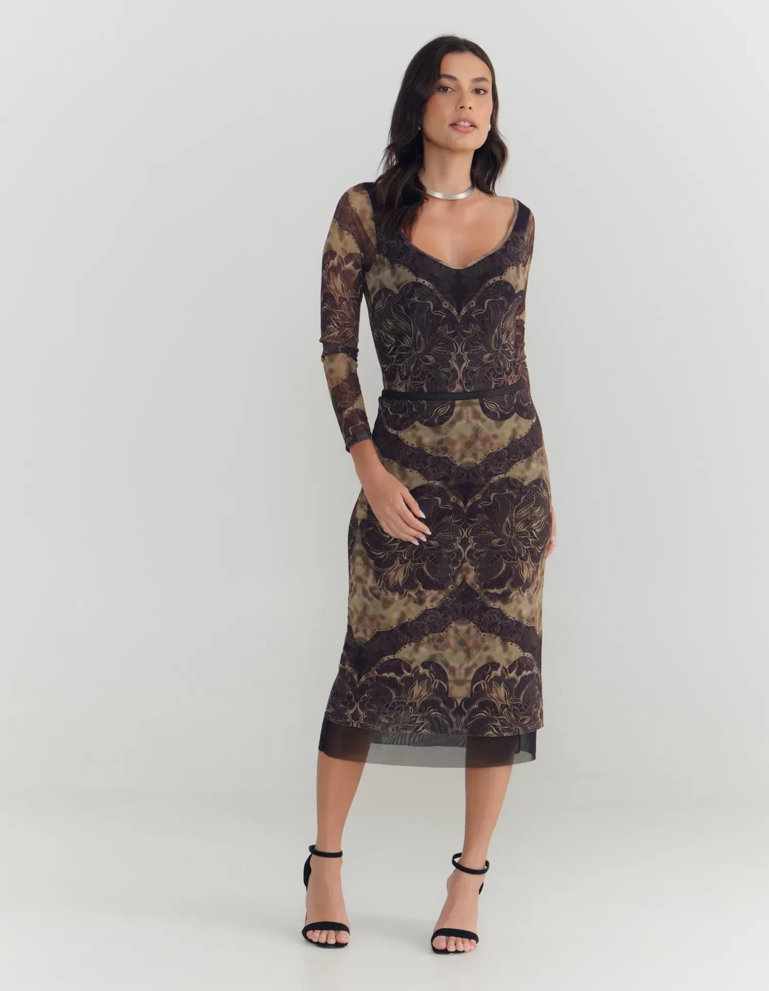Saia Midi Estampado Rendada - Preto
