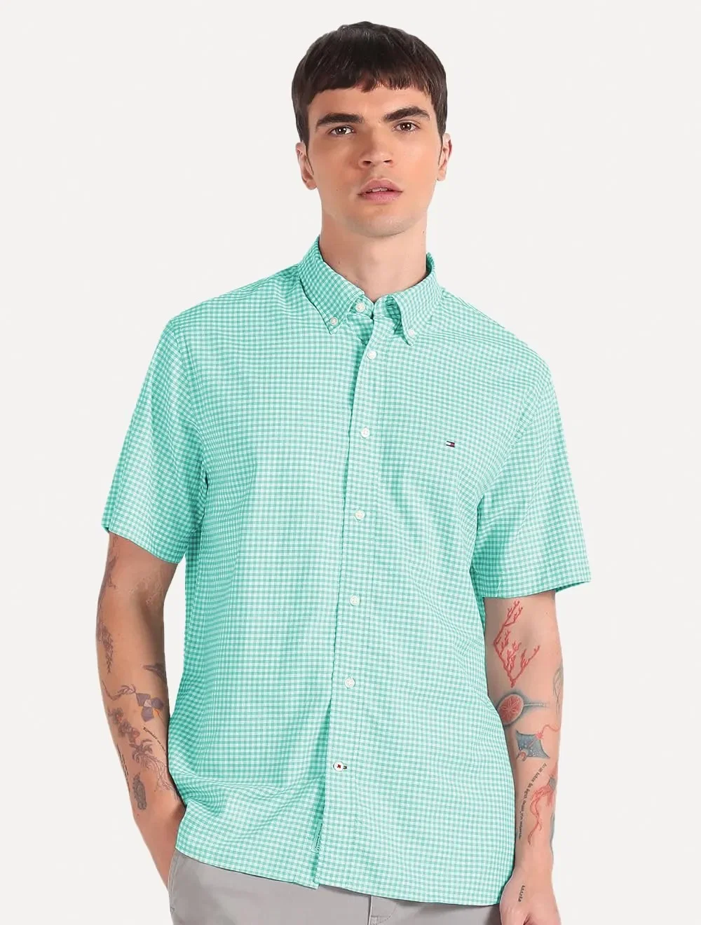 Camisa Tommy Hilfiger Masculina Manga Curta Xadrez Gingham Branca / Verde Turquesa — imagem 1