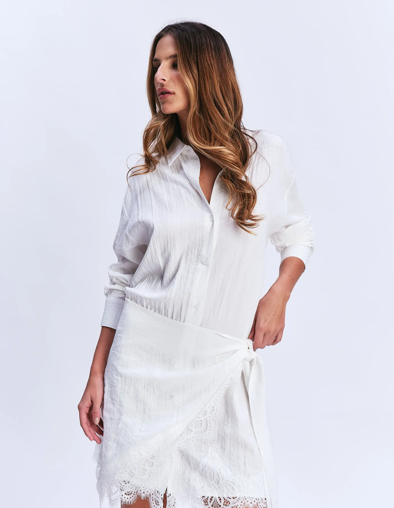 Chemise Manga Longa Com Amarração - Branco — imagem 1