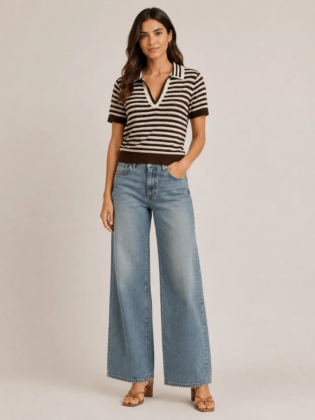 Blusa Tricô Decote v Gola Polo Listrada - Marrom e Branco — imagem 1
