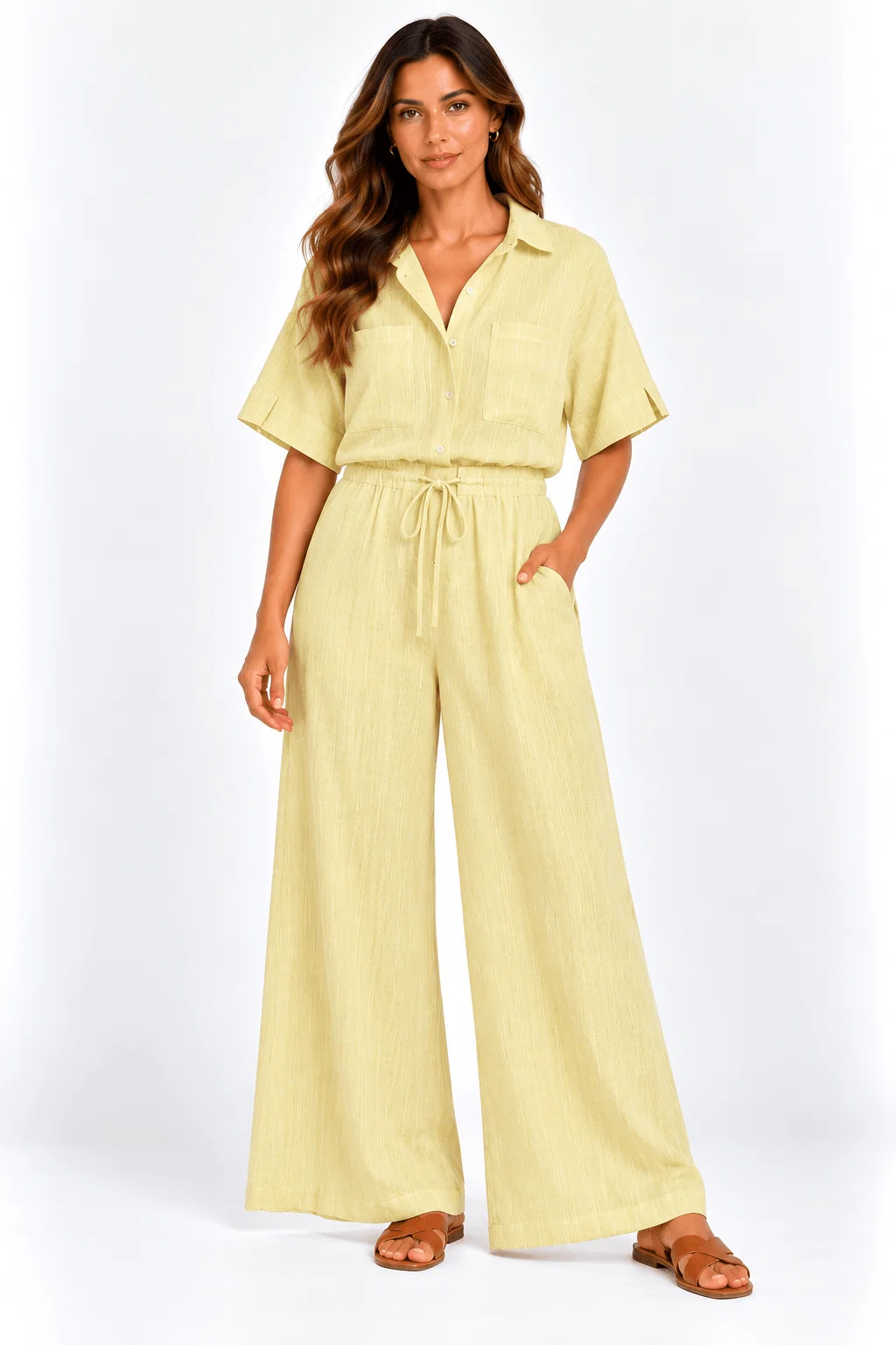 Calça Pantalona Com Bolsos - Creme
