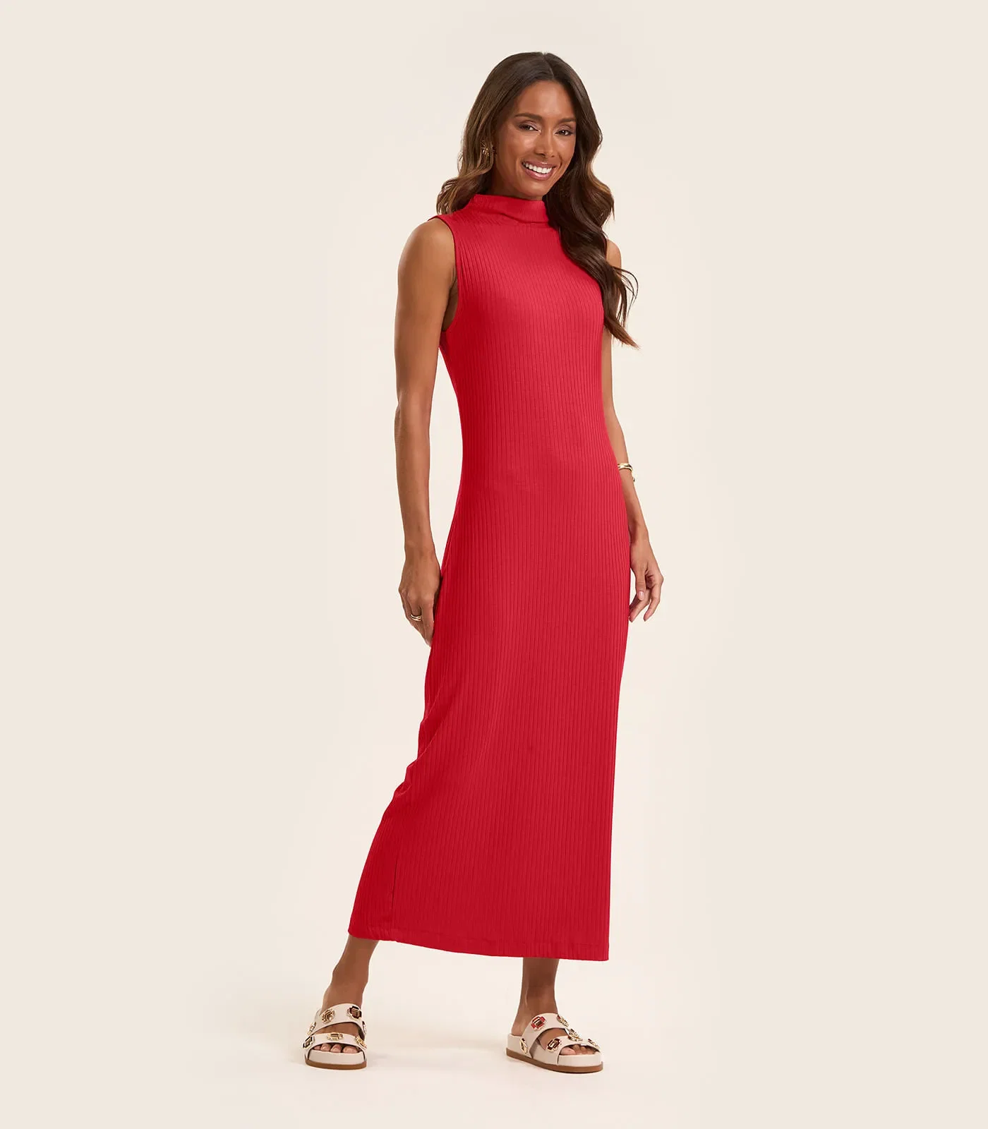 Vestido Midi Ribana Canelada Rovitex Vermelho — imagem 1
