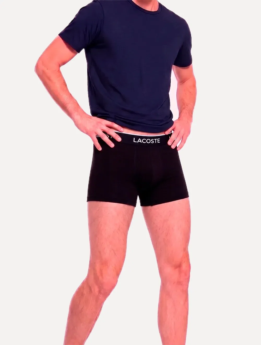 Cueca Lacoste Masculina Trunk Boxer Lettered Waist Preta Pack 3UN