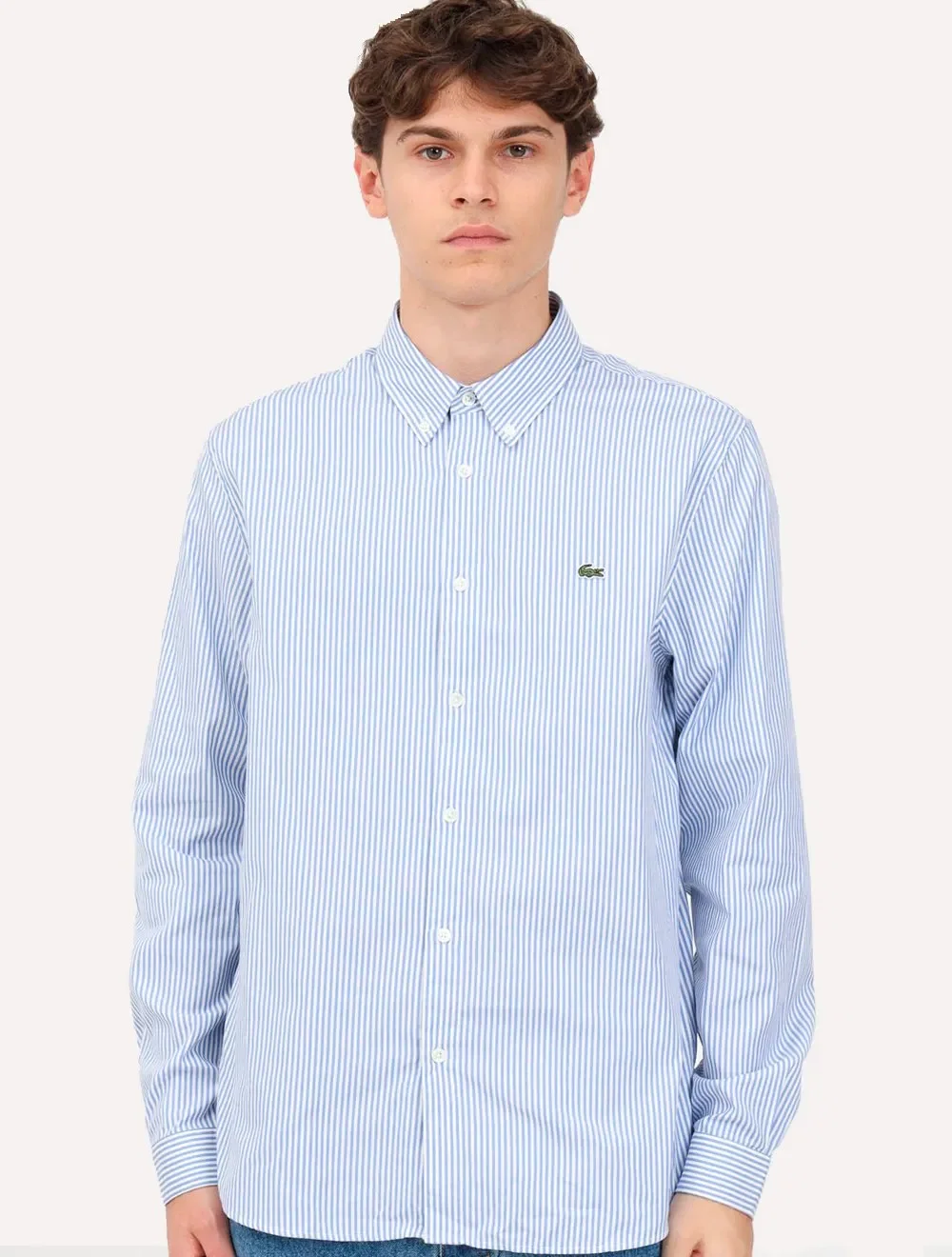 Camisa Lacoste Masculina Regular Striped Cotton Azul Claro / Branca