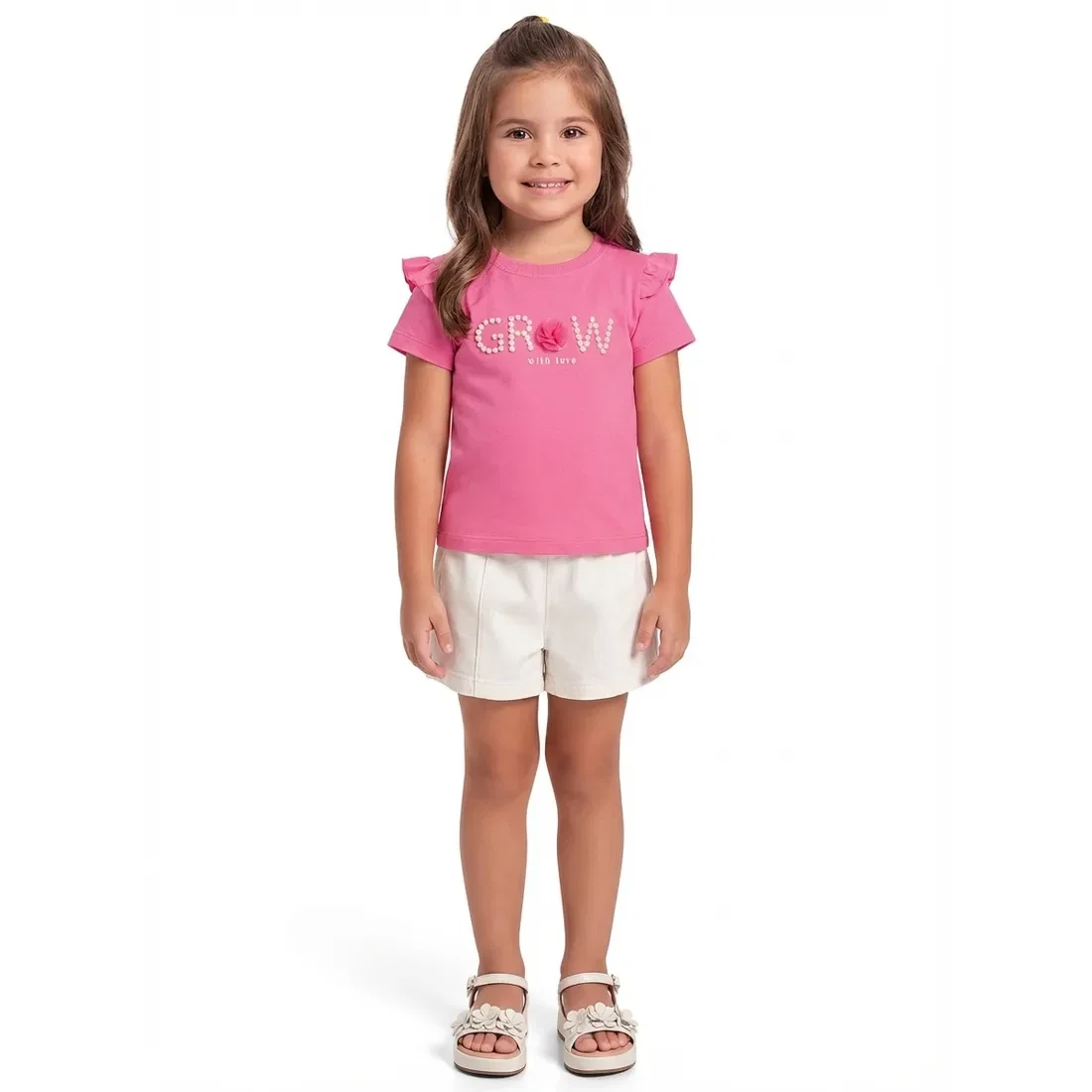 Conjunto blusa em meia malha e short em sarja com aplique decorativo — imagem 1