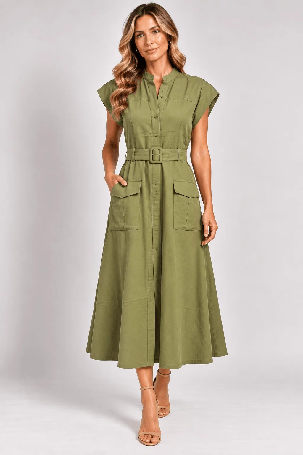 Vestido Midi Bolsos Cinto Forrado - Verde