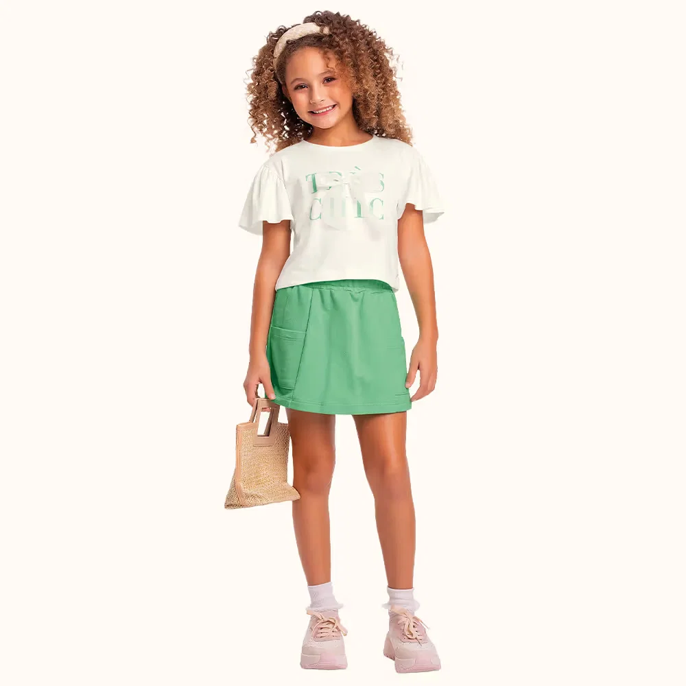 Conjunto blusa em meia malha e short saia em moletinho com laço de tule — imagem 1