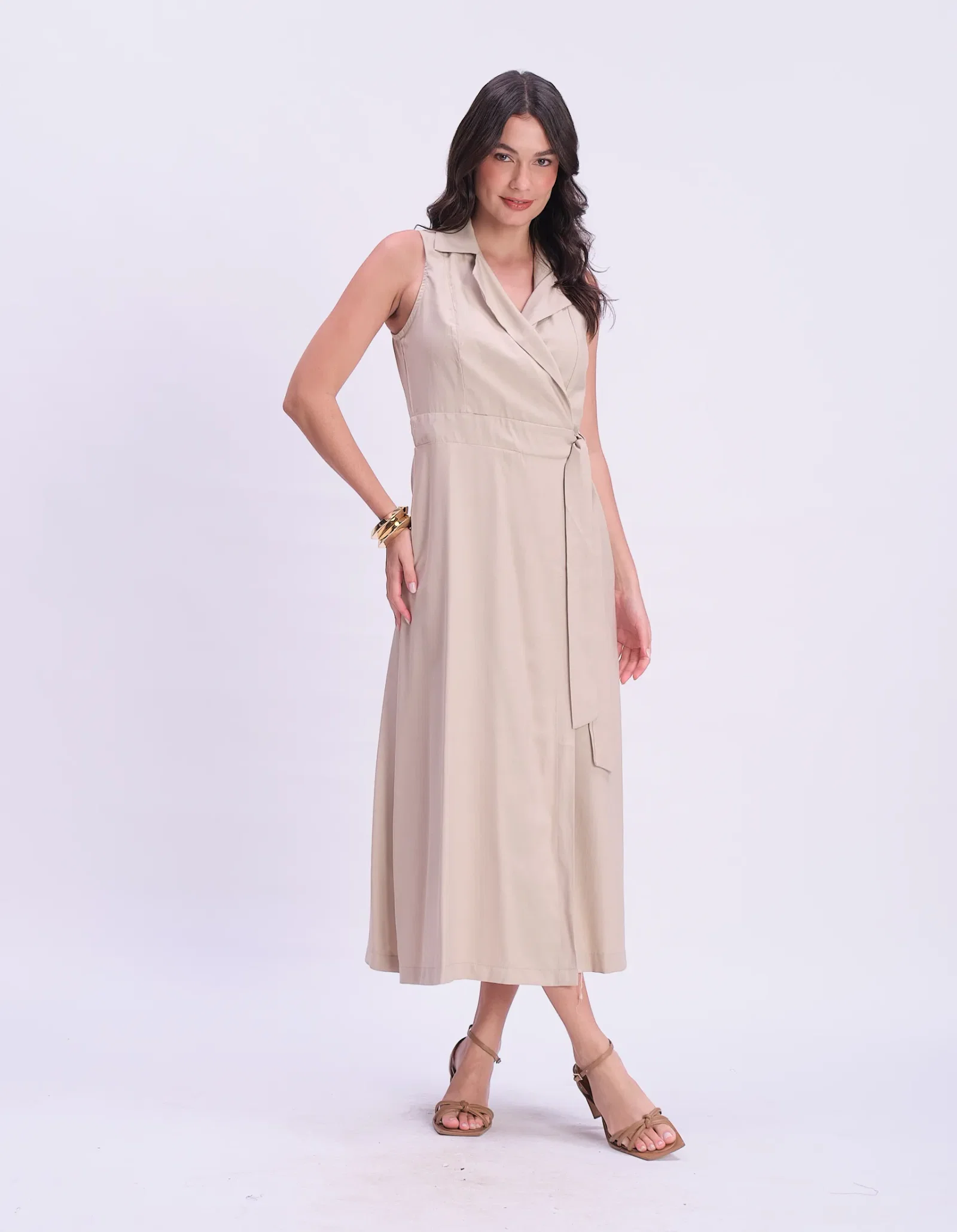 Vestido Longo Cache-Coeur Detalhe Gola - Caqui — imagem 1