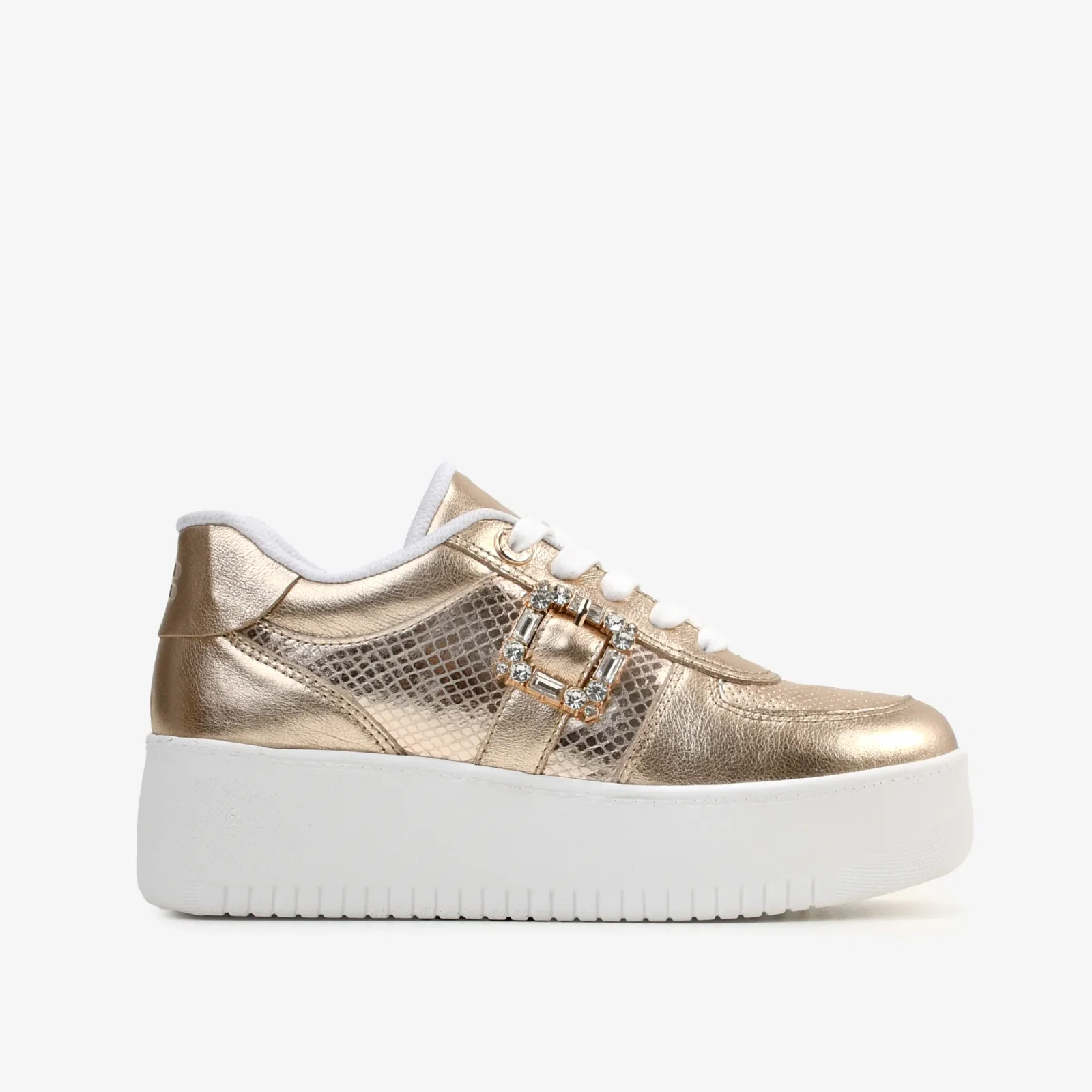 Tênis Metal Ouro Champagne Fivela Couro