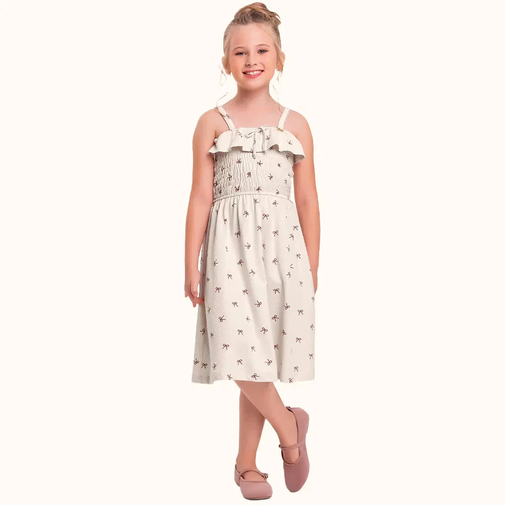 Vestido em malha favo com lastex na frente laços