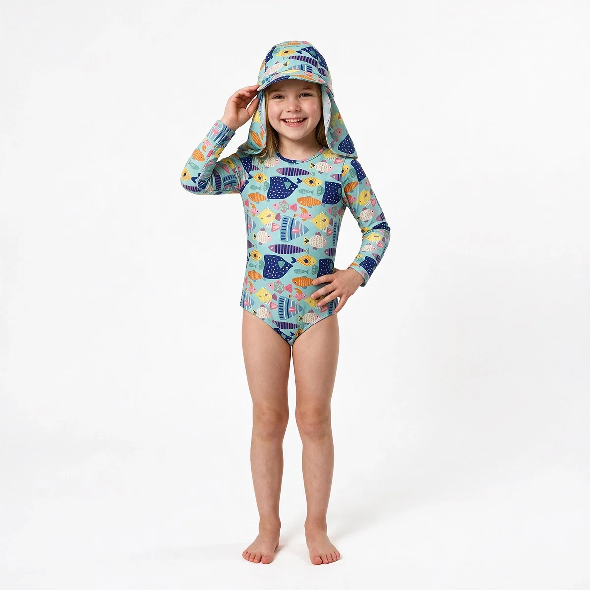 Kit Boné E Body Praia Kids Peixe Aquarela Elastano Proteção Uv 50+ Tip Top