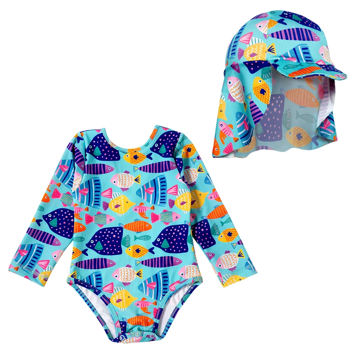 Kit Boné E Body Praia Toddler Peixe Aquarela Elastano Proteção Uv 50+ Tip Top