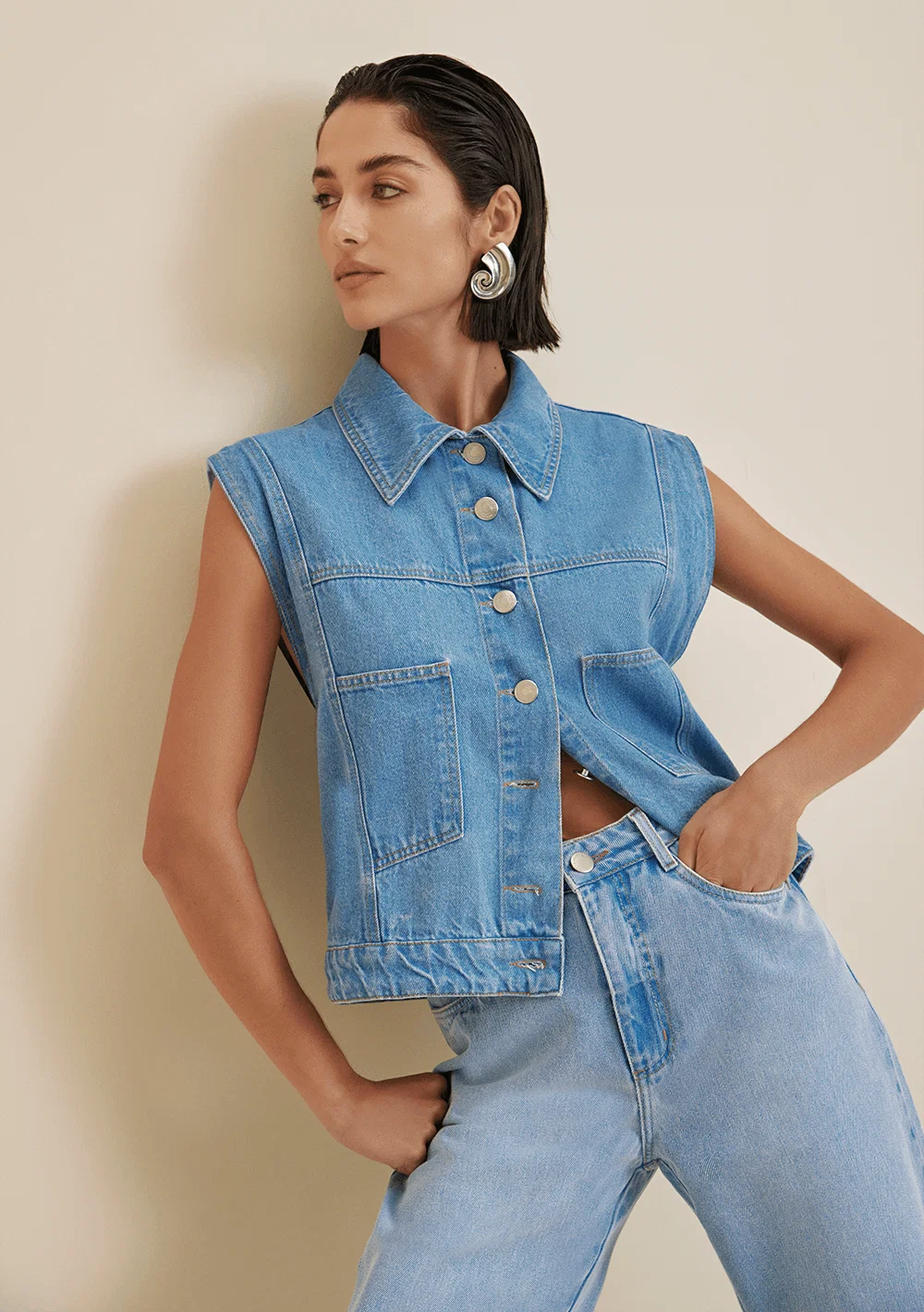 Colete Morena Rosa Alongado Detalhe Franjas Jeans — imagem 1