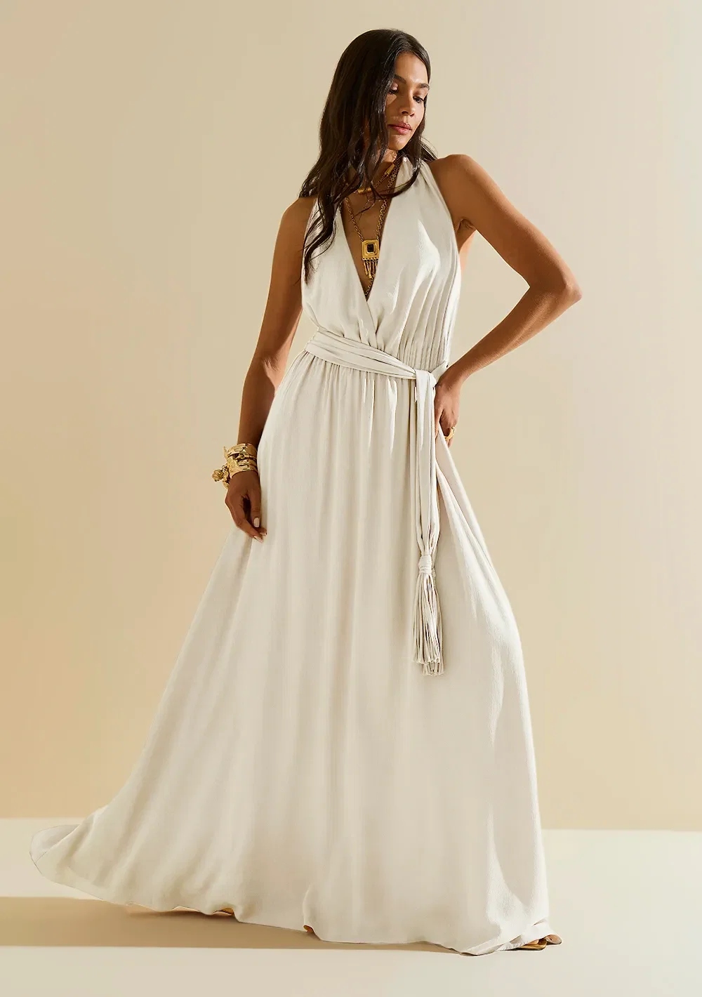 Vestido Morena Rosa Ajustado Decote Transpassado Sem Manga Longo Off White