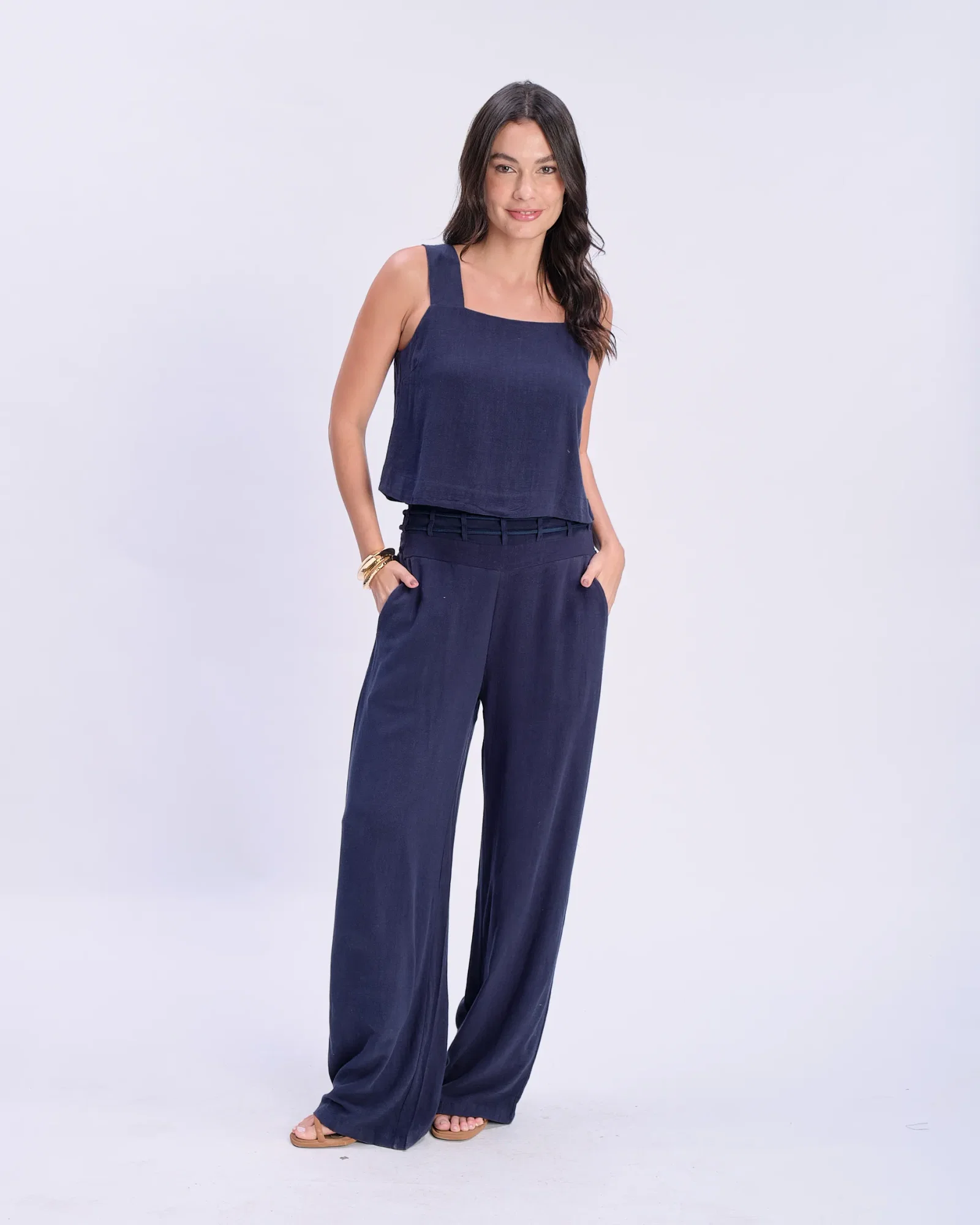 Calça Pantalona Cós Corda Dupla - Marinho — imagem 1