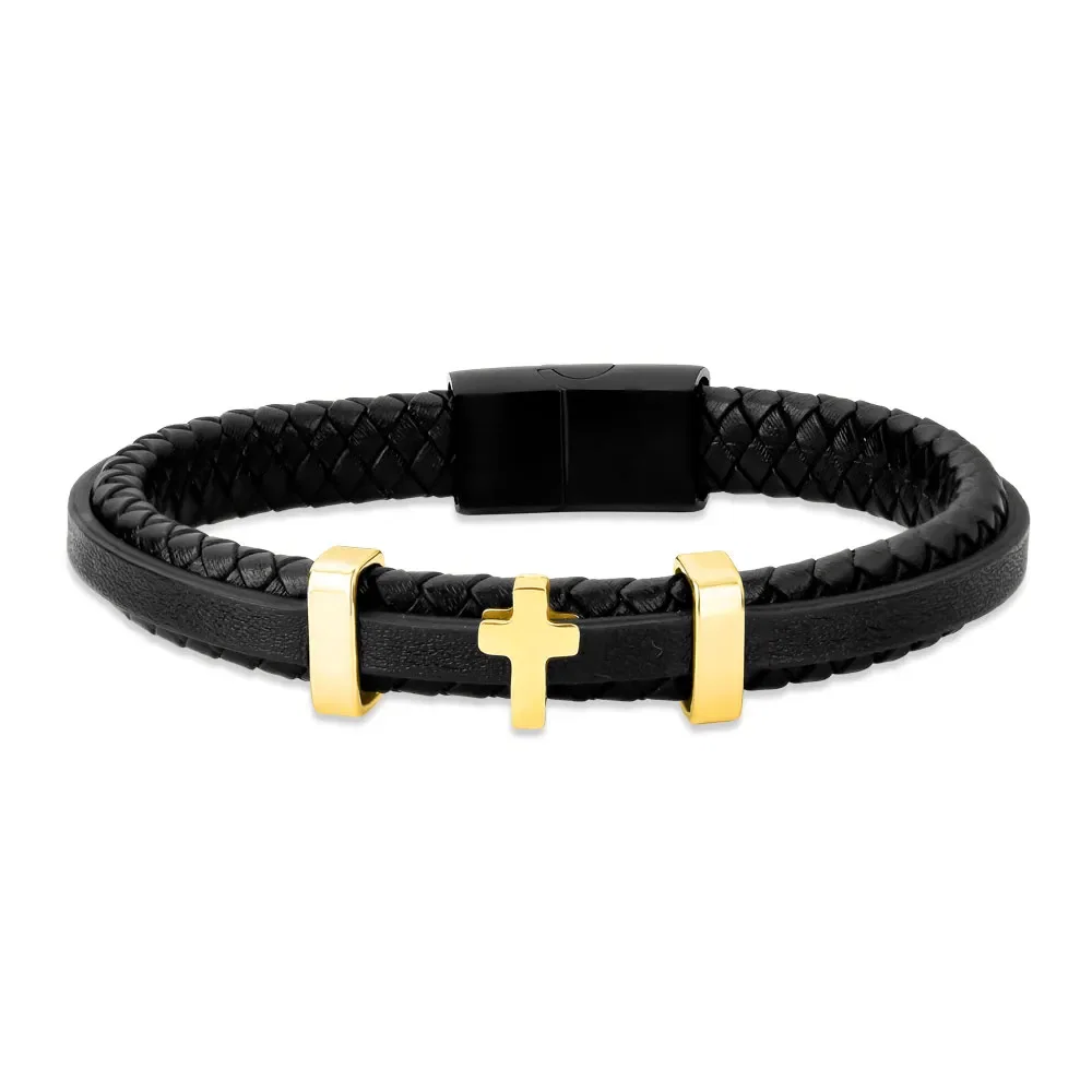 Pulseira Life Cruz em Couro Preto — imagem 1