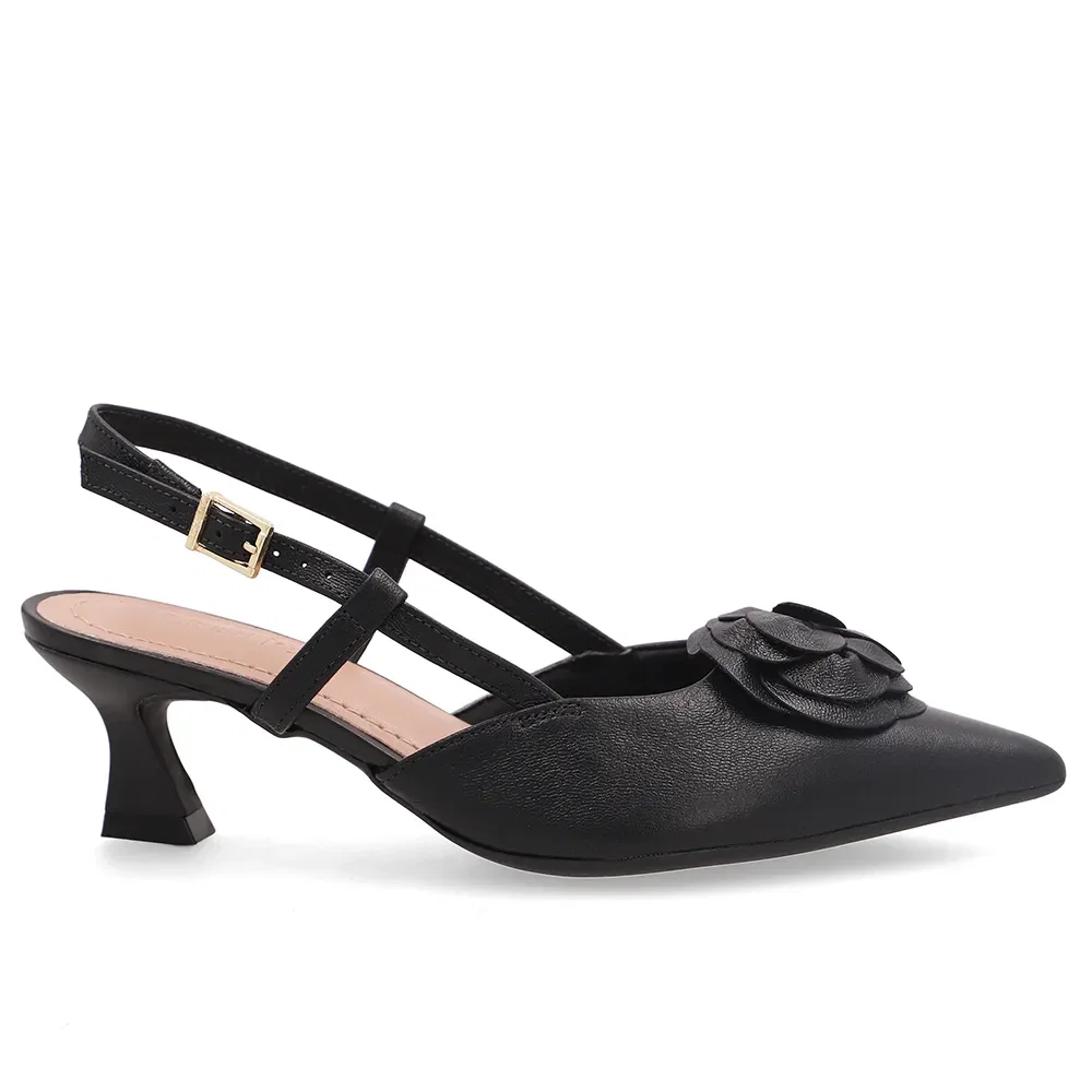 Slingback Em Couro Preto Com Enfeite Floral