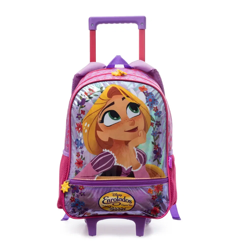 Mochila Escolar Feminina Disney Enrolados com Rodinha Roxa