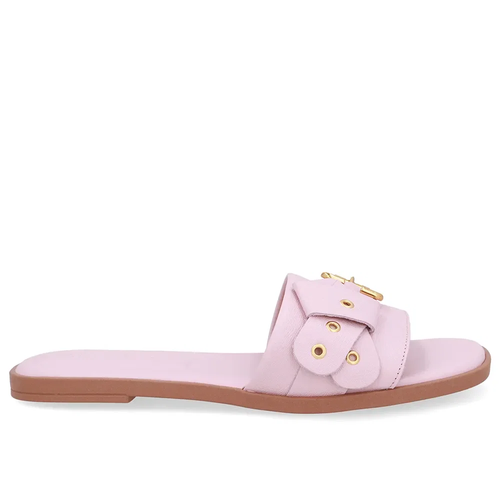 Rasteira Bico Quadrado Couro Rosa Fivela — imagem 1