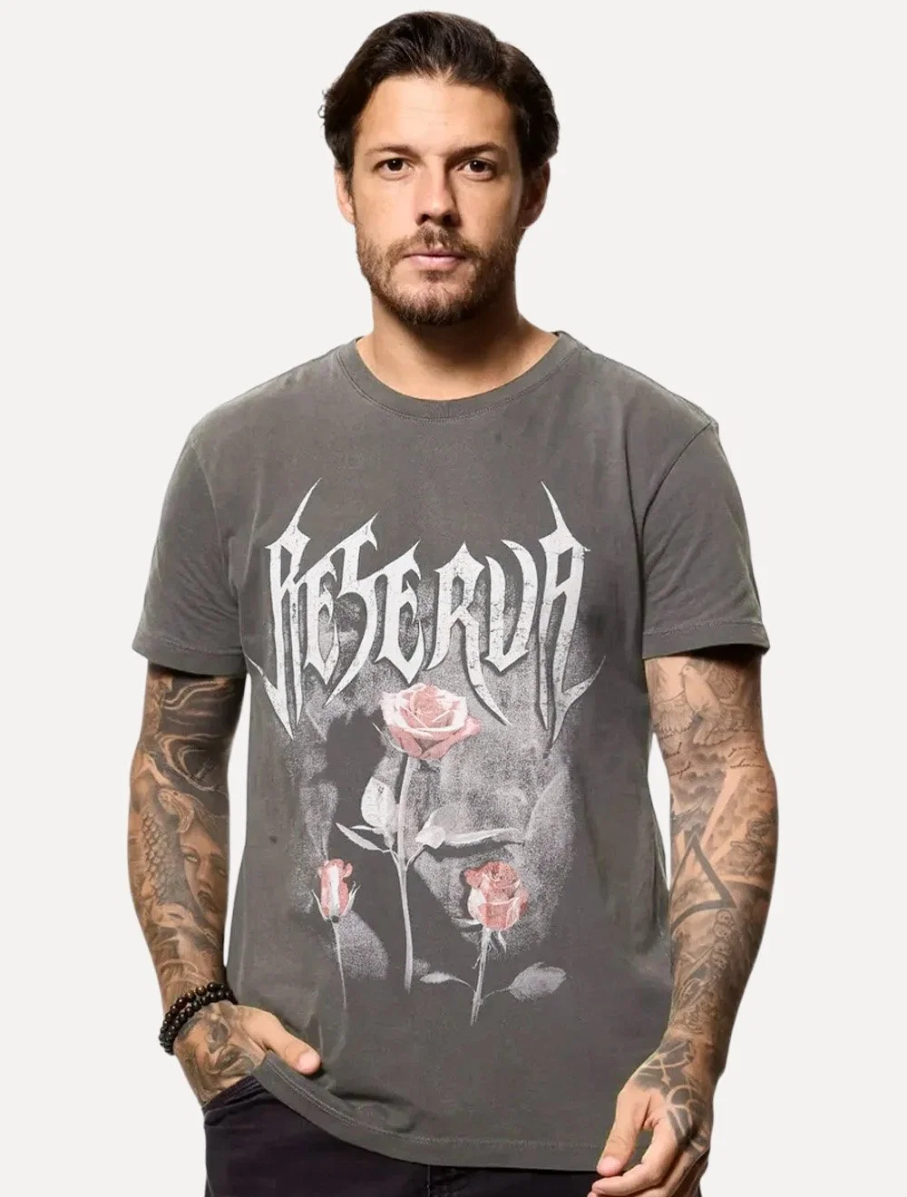 Camiseta Reserva Masculina Print Roses Stamp Stoned Chumbo
